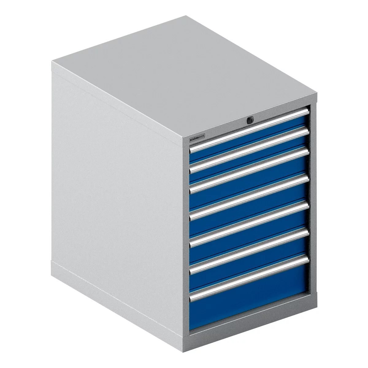 Werkzeugschrank in Grau und Blau mit sechs Schubladen.