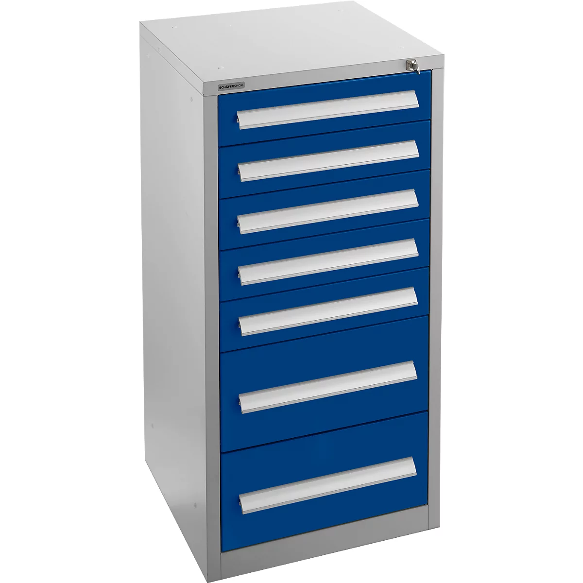 Schäfer Shop Select Schubladenschrank SF 70, 7 Schübe, weißaluminium RAL 9006 enzianblau RAL 5010