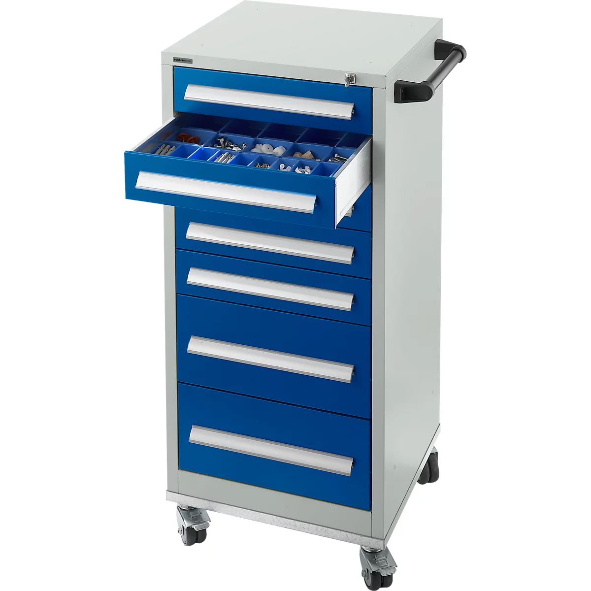 Schäfer Shop Select Schubladenschrank SFR 70, 7 Schübe, mit Rollen, lichgrau RAL 7035 einzianblau RAL 5010