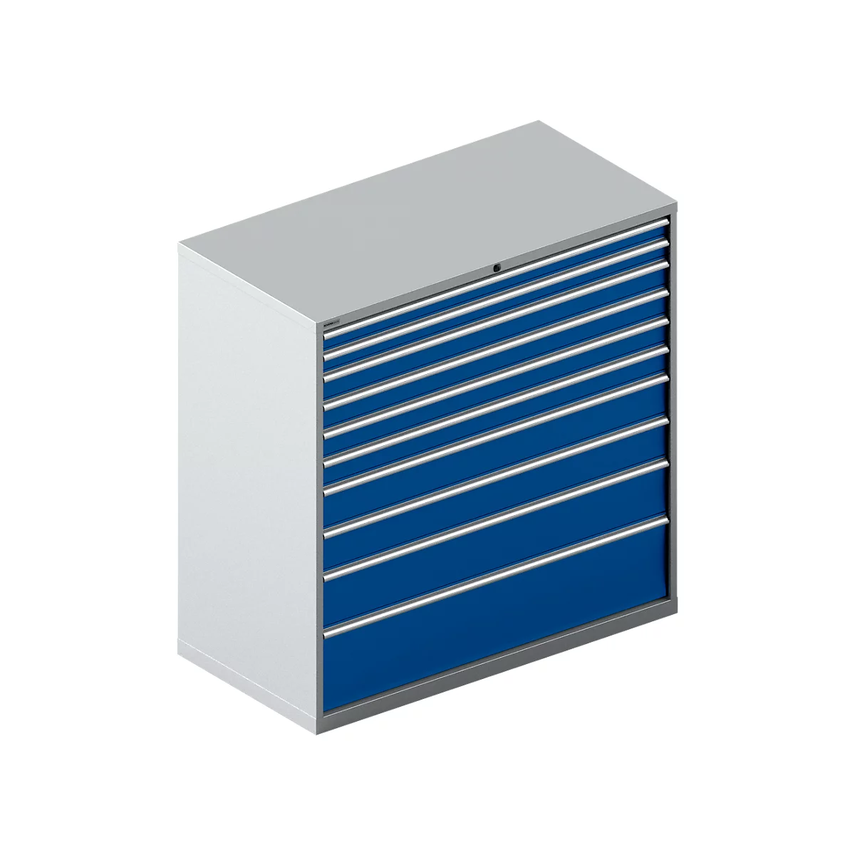 Schäfer Shop Select Schubladenschrank WSK 78–36 E, Stahl, 10 Schübe, 200 kg Traglast, B 1431 mm x T 725 mm x H 1450 mm, weißalu/enzianblau