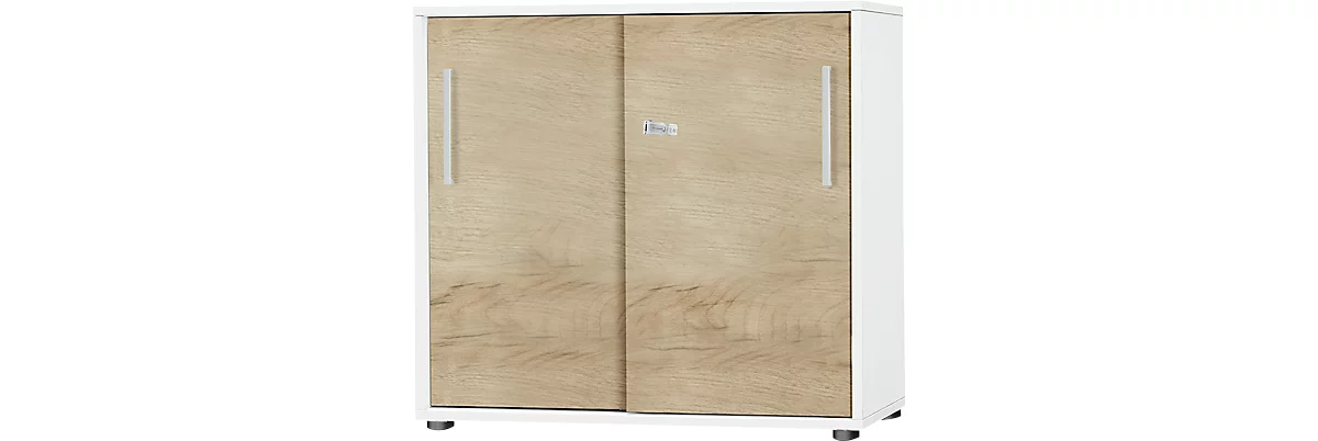 Schäfer Shop Select SET UP armario de puertas correderas, con cerradura, 2 alturas de archivador, An 800 x P 420 x Al 788 mm, blanco/roble silvestre