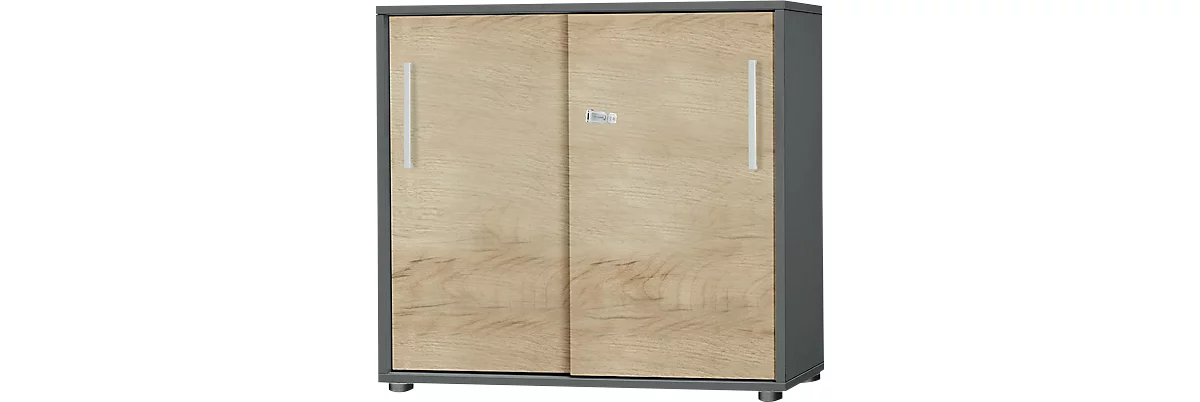 Schäfer Shop Select SET UP armario de puertas correderas, con cerradura, 2 alturas de archivo, An 800 x P 420 x Al 788 mm, grafito/roble silvestre