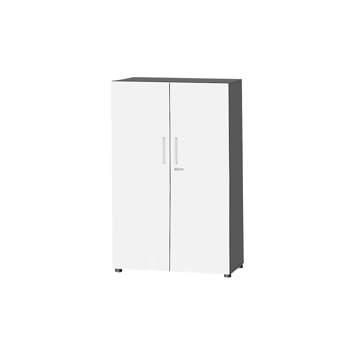 White cabinet with two doors. Gray top and sides. Silver handles.