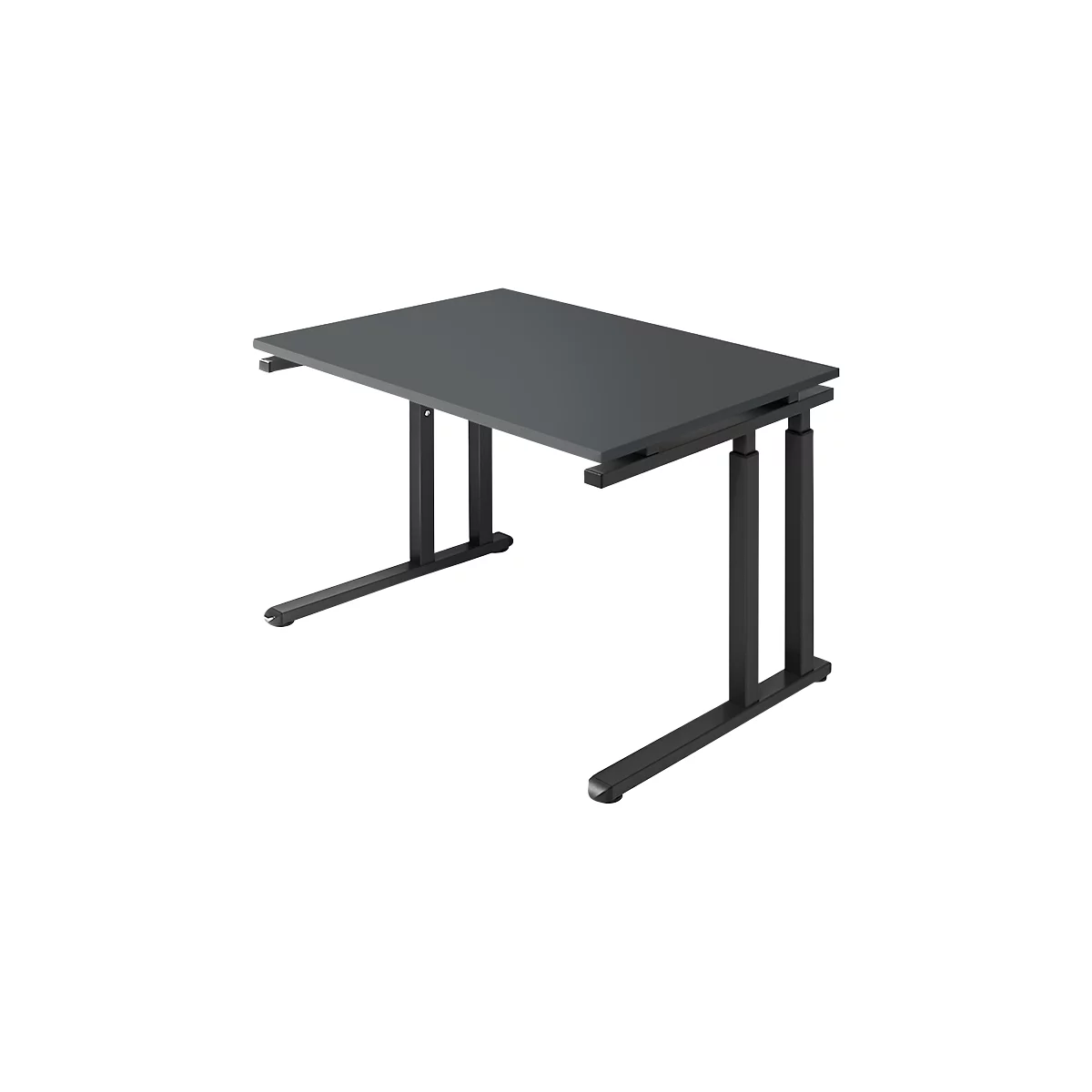 A grey, height-adjustable desk, photographed slightly from above. The legs are black.