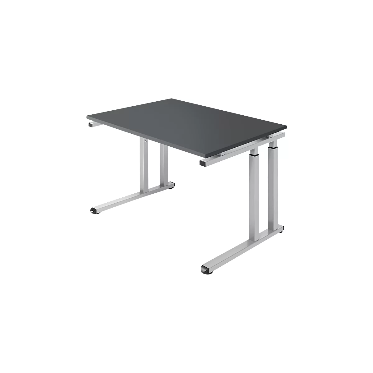 Desk with gray tabletop and silver legs. Black rubber on the feet.