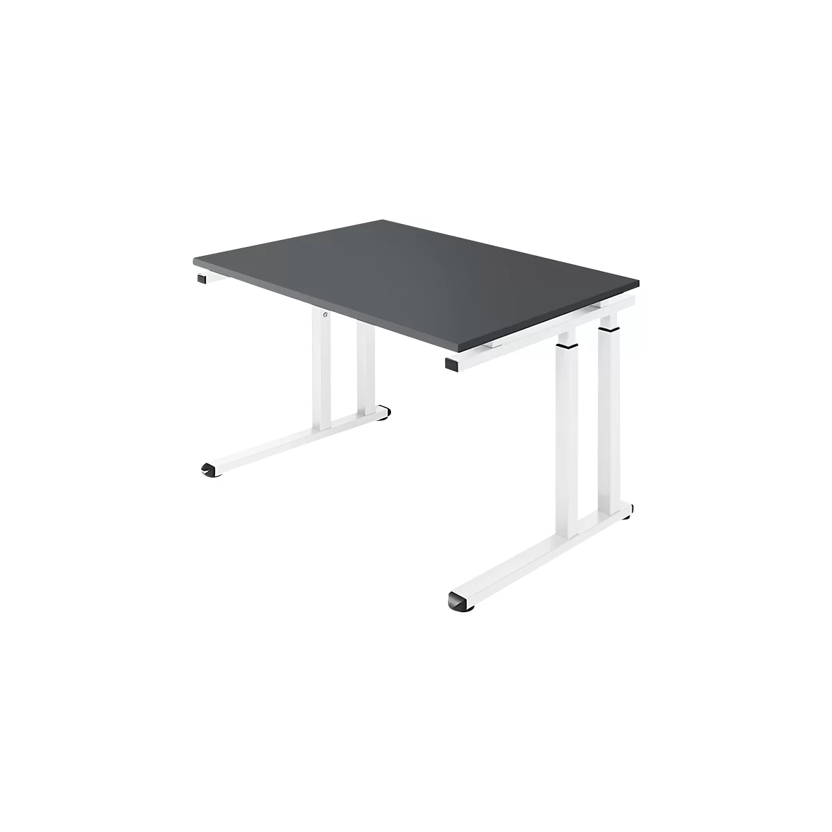 Height-adjustable desk. Dark gray table top, white legs.