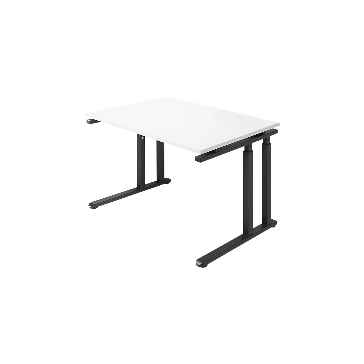 A white desk with black legs. The height of the table is adjustable.