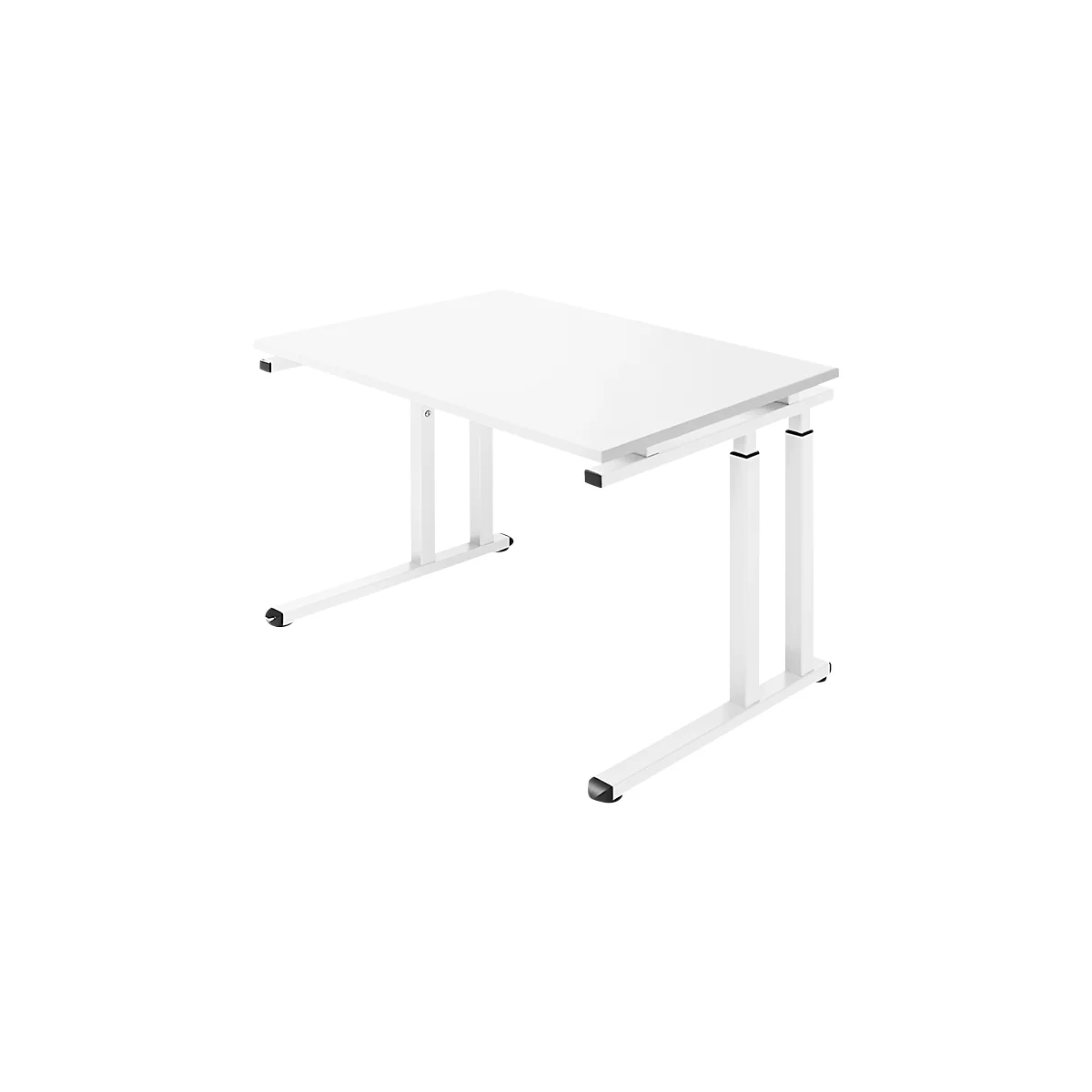 A white desk with height-adjustable legs stands against a white background. Black elements on the legs.