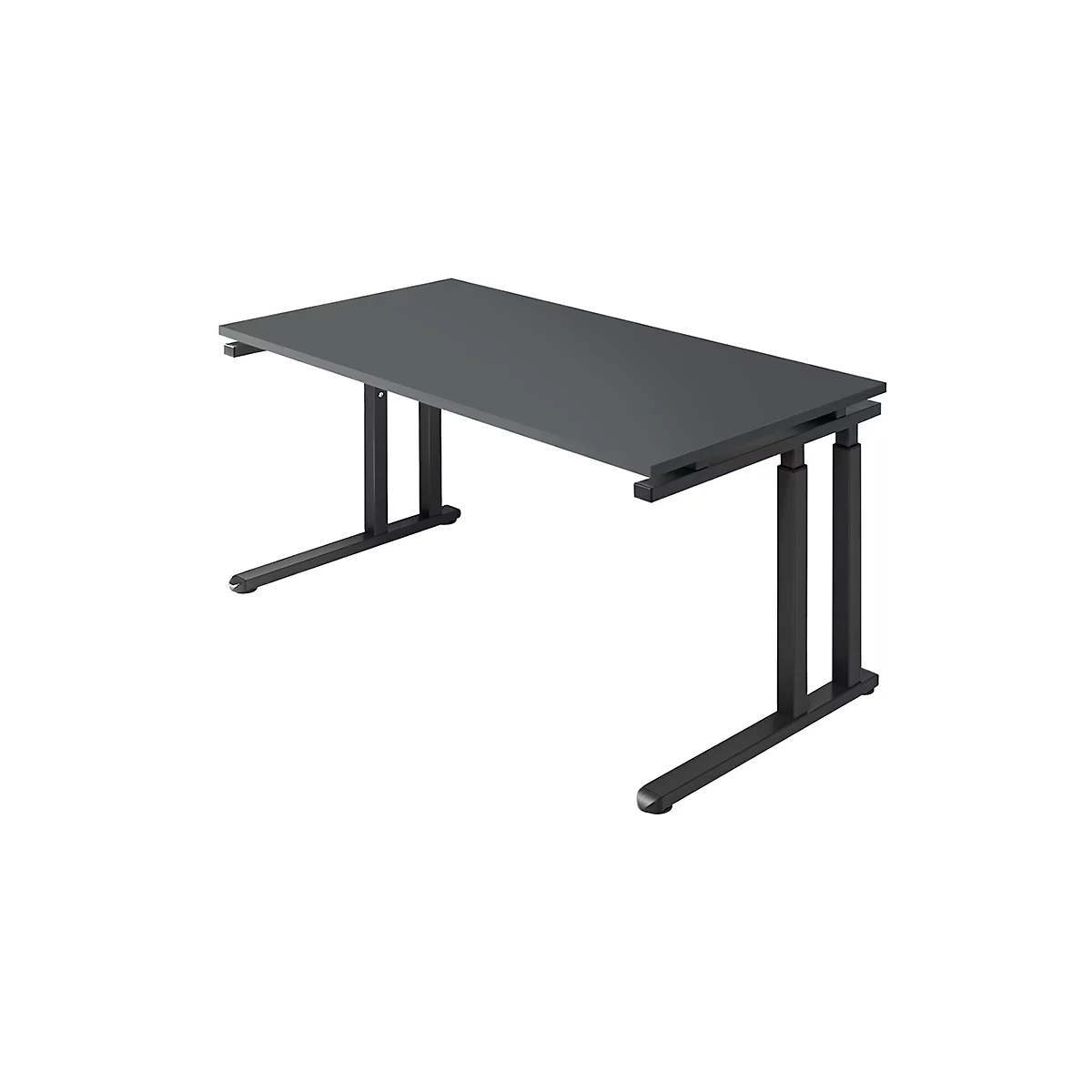 A grey desk with black legs. It is photographed at a slight angle from above.