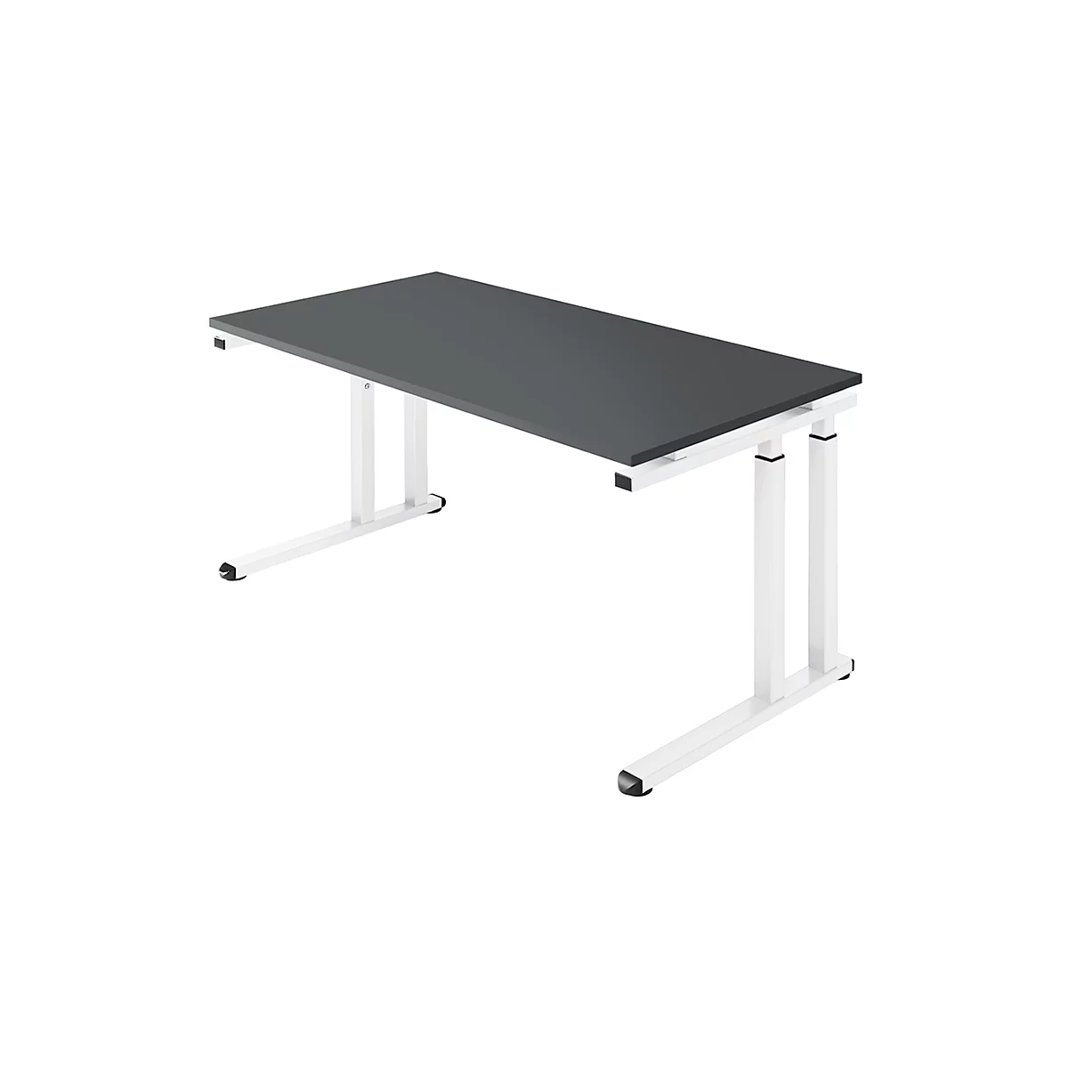 A gray desk with white legs against a white background. The tabletop is rectangular.
