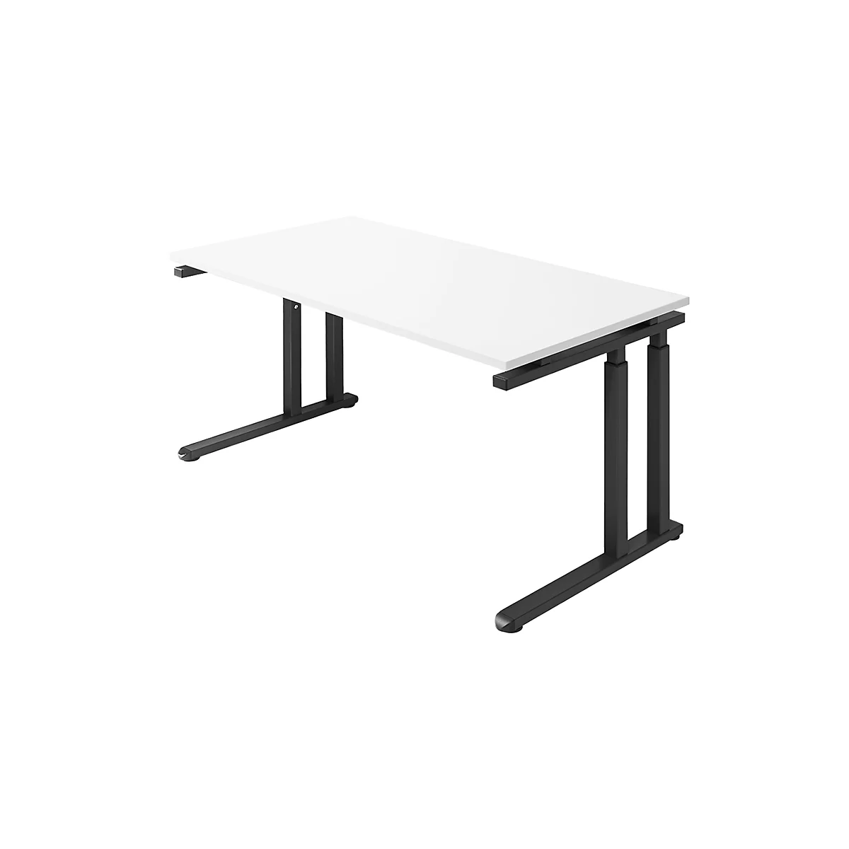 White desk with black frame. The table top is rectangular, the legs are angular.
