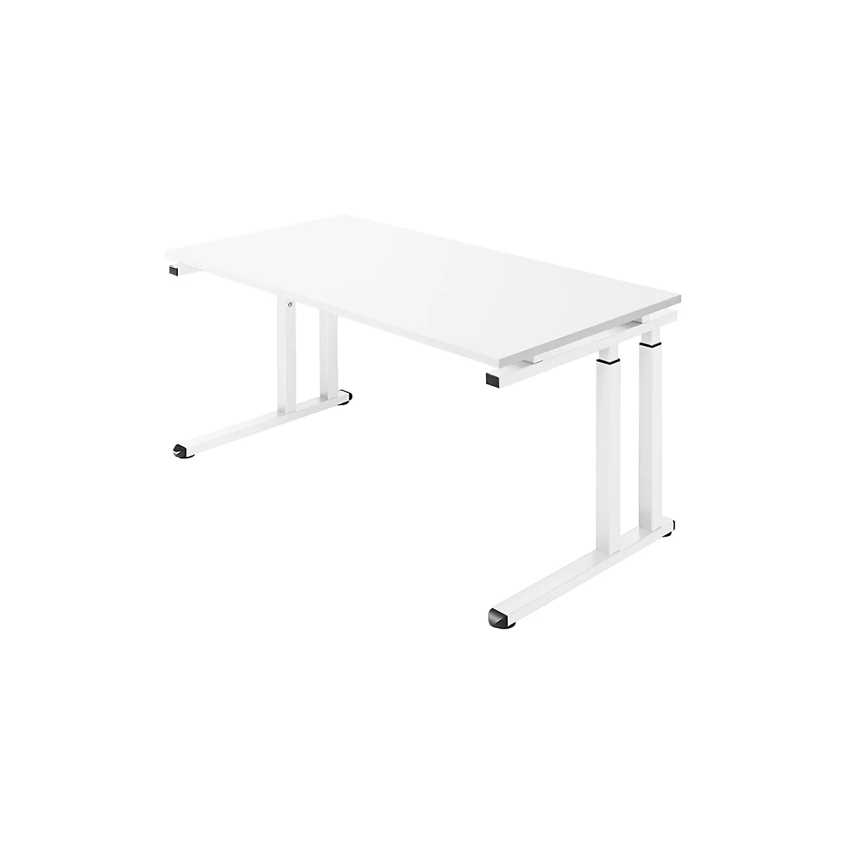 White desk with adjustable legs against white background. It has a rectangular tabletop and a metal frame.