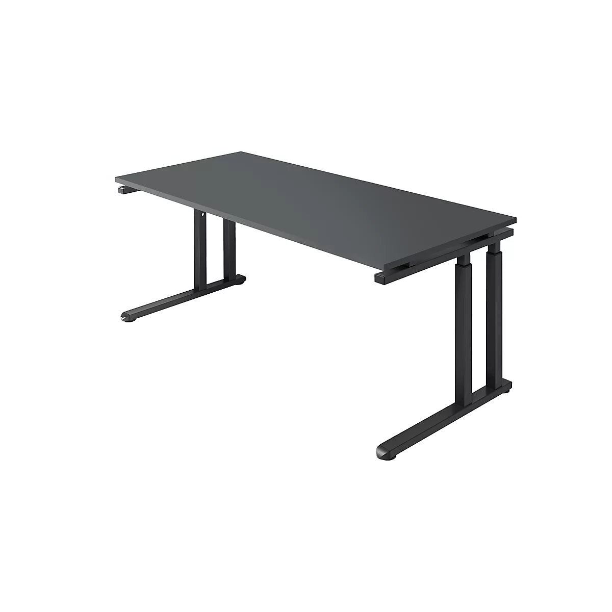 Gray, rectangular desk with black height-adjustable legs. The tabletop is slightly tilted.