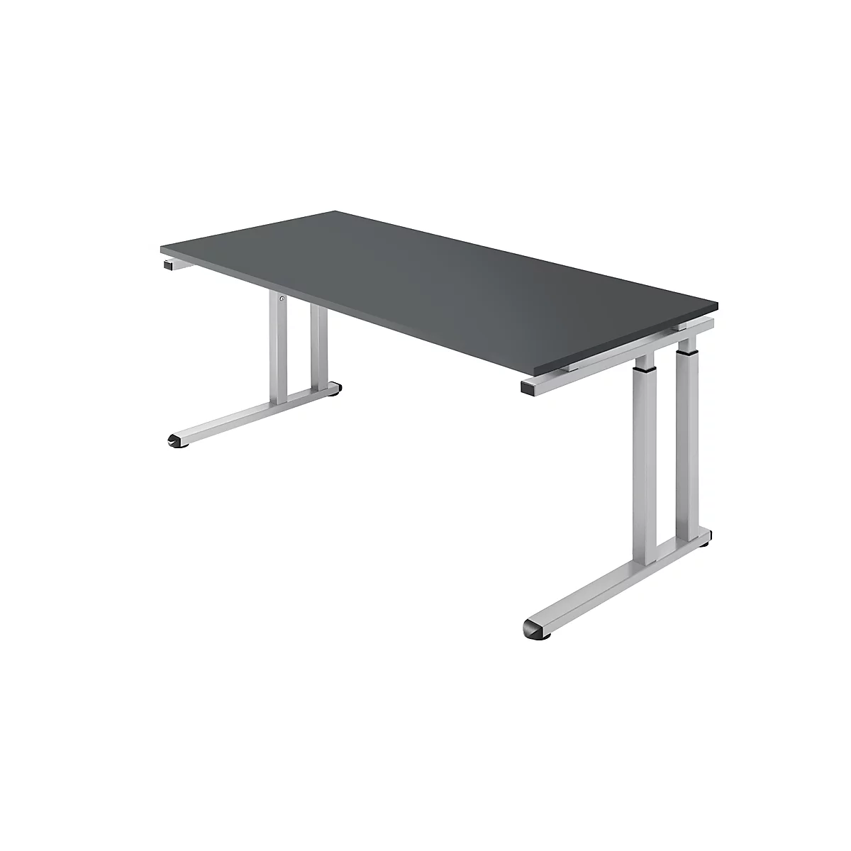 A gray desk with metal legs. The tabletop is rectangular and the legs are height-adjustable.