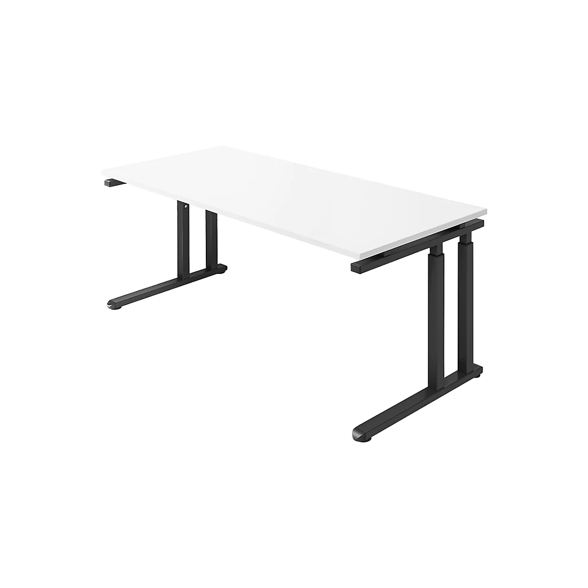 Desk with white tabletop and black metal legs that are height-adjustable.