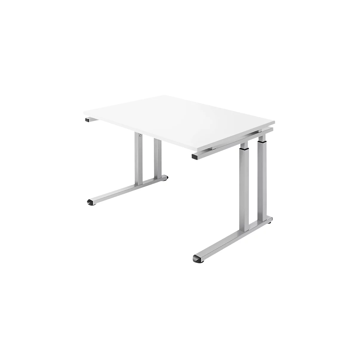 A white desk against a neutral background. It has four silver, adjustable legs.