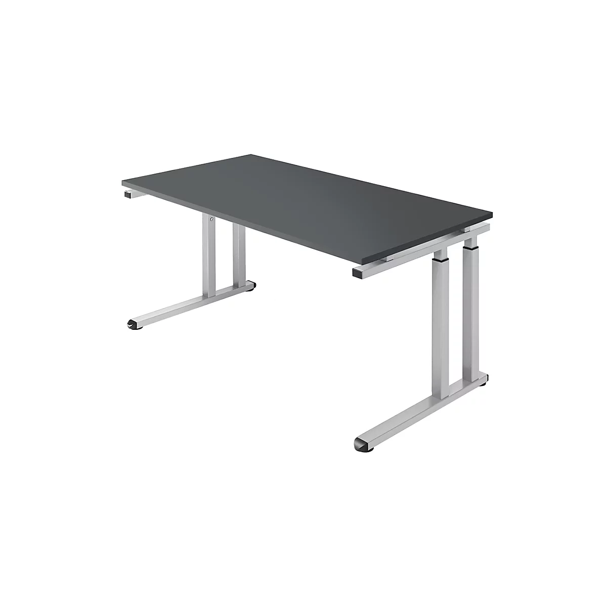 Grey desk with silver legs on a white background.
