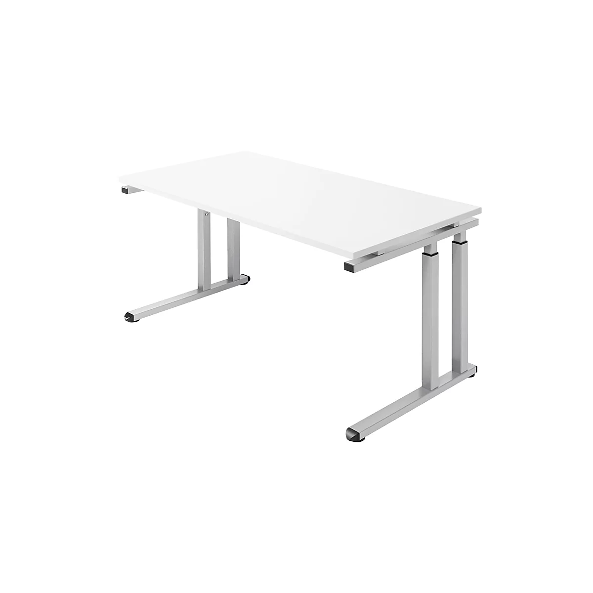 White desk with metal legs on white background.