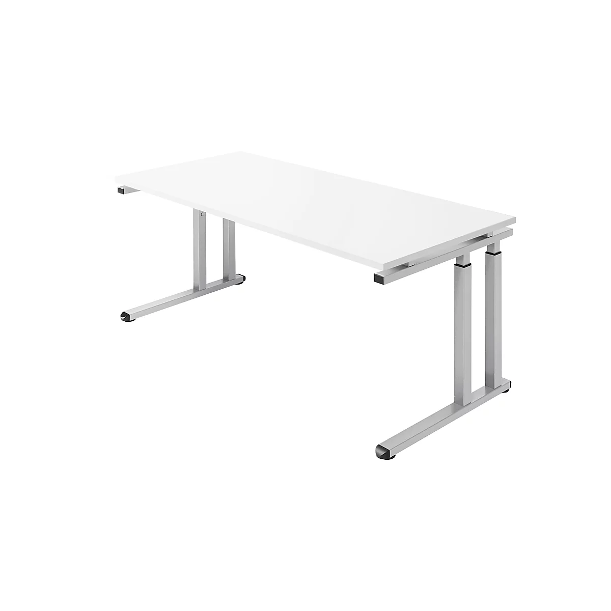 A white desk with silver legs stands against a white background.