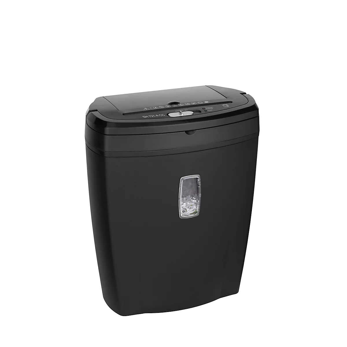A black paper shredder against a white background. Visible are the feed opening, control elements and a viewing window for the fill level.