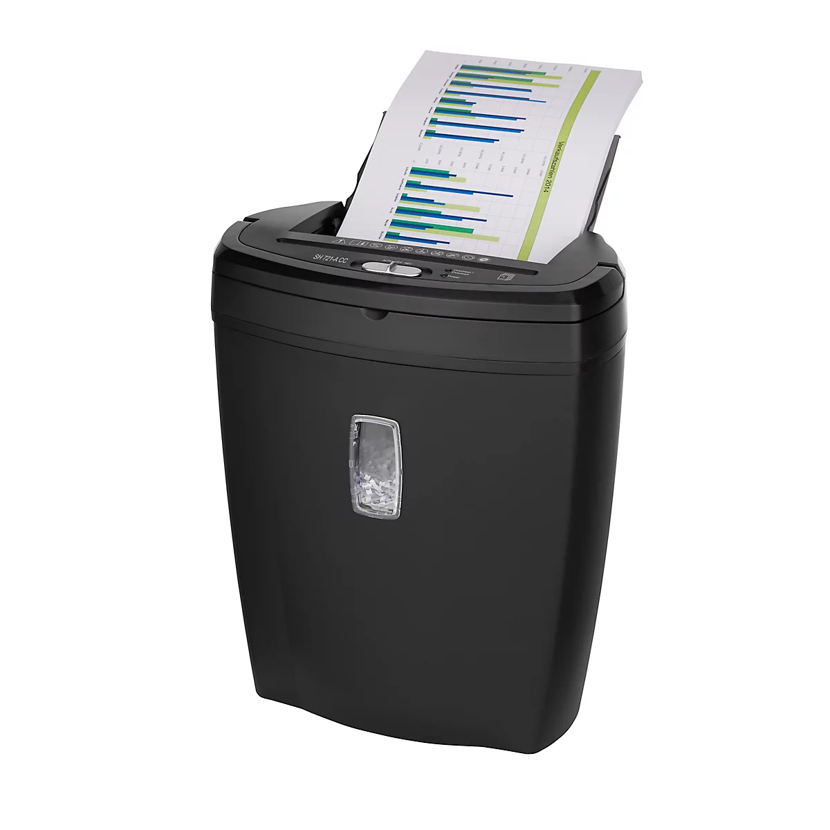 Black paper shredder with a sheet of paper showing graphs. A green and blue chart can be seen on the paper.