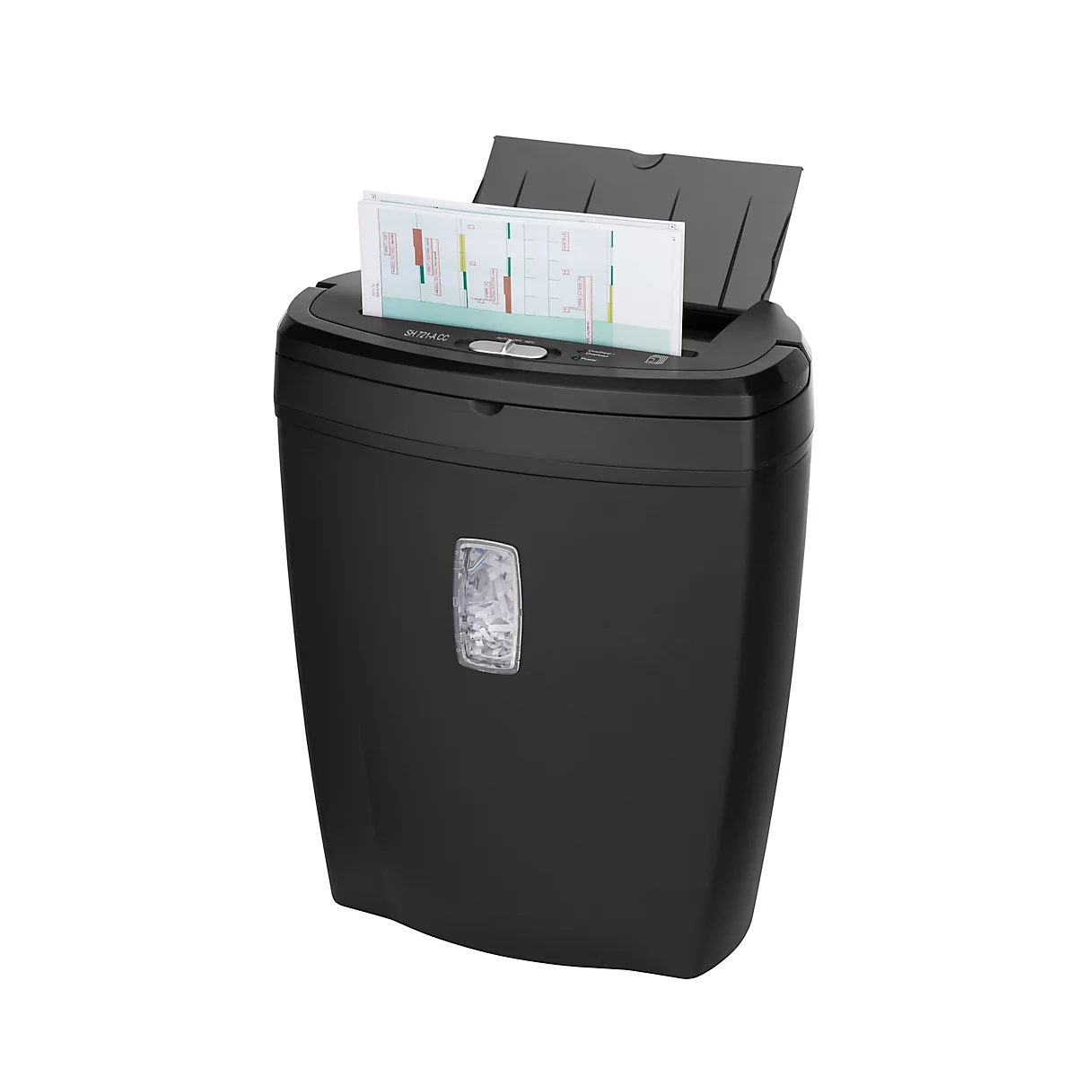 Black paper shredder with paper feed. Top flap open, sheet with colorful diagrams protruding.