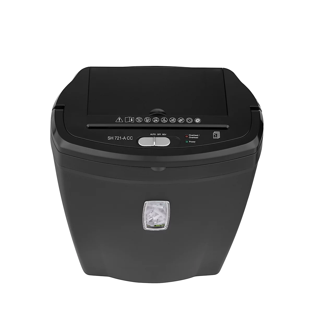 Top view of a black paper shredder with controls and labeling.