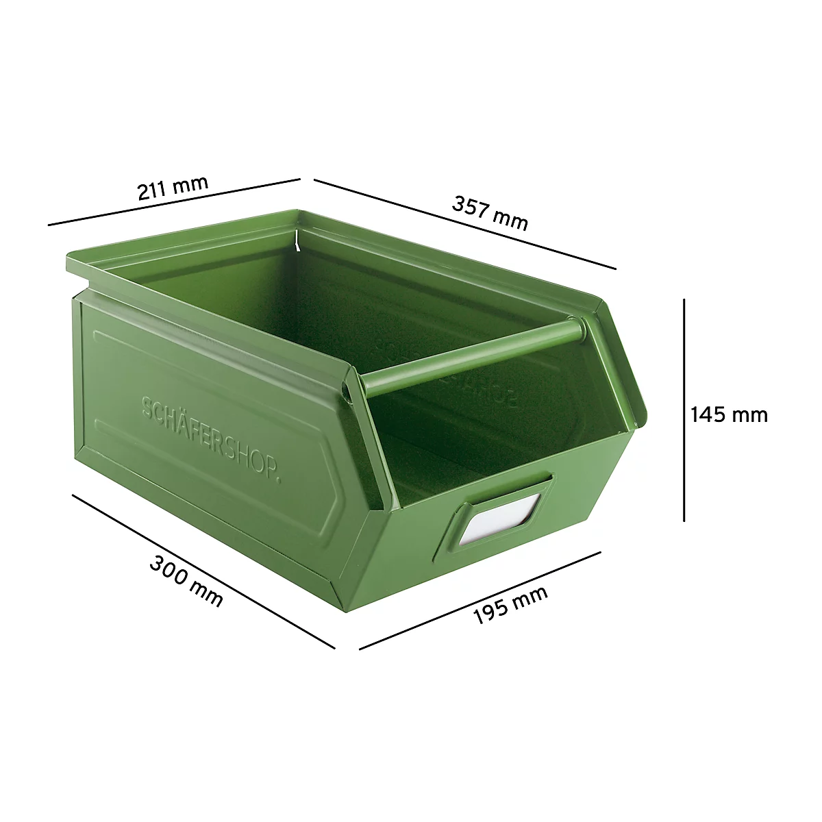 Schäfer Shop Select Sichtlagerkasten mit Tragestab, Stahl, L 360 x B 211 x H 145 mm, 8,5 l, 60 kg, RAL 6011 (resadagrün)