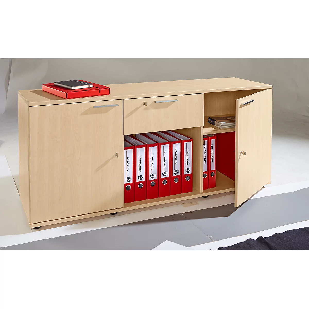 Schäfer Shop Select Sideboard, 2 deuren + schuiflade, afsluitbaar, spaanplaat, B 1500 x D 420 x H 663 mm, esdoorn