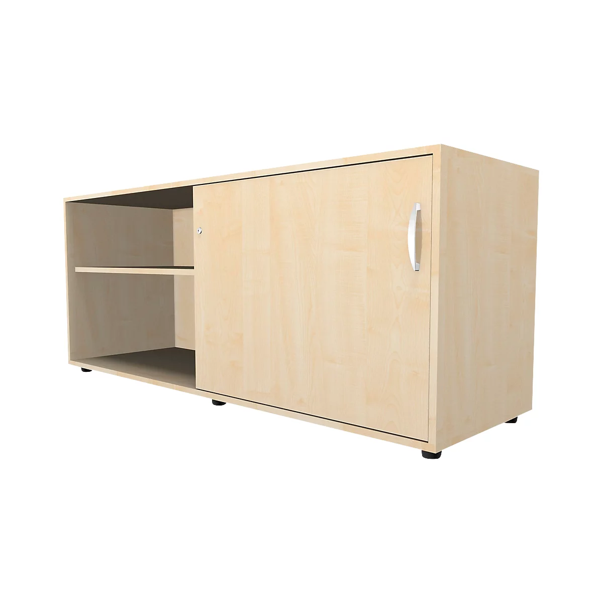 Lichte houten kast met schuifdeur en open schapgedeelte tegen een witte achtergrond.
