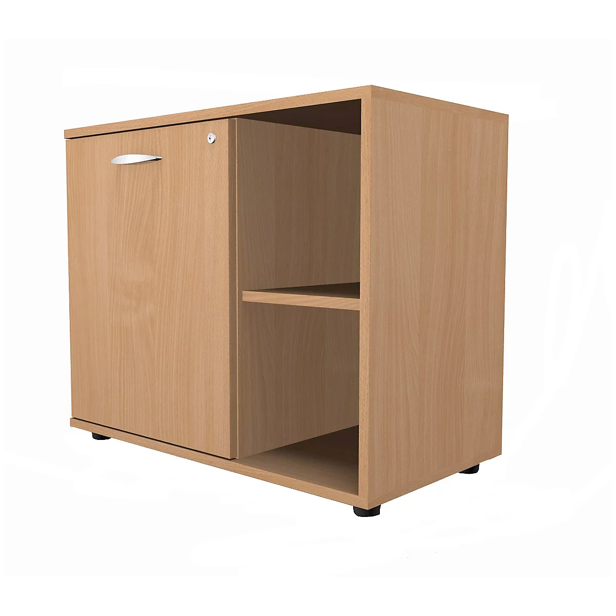 Light brown filing cabinet with door, handle, lock and open compartment with shelf. Black feet.