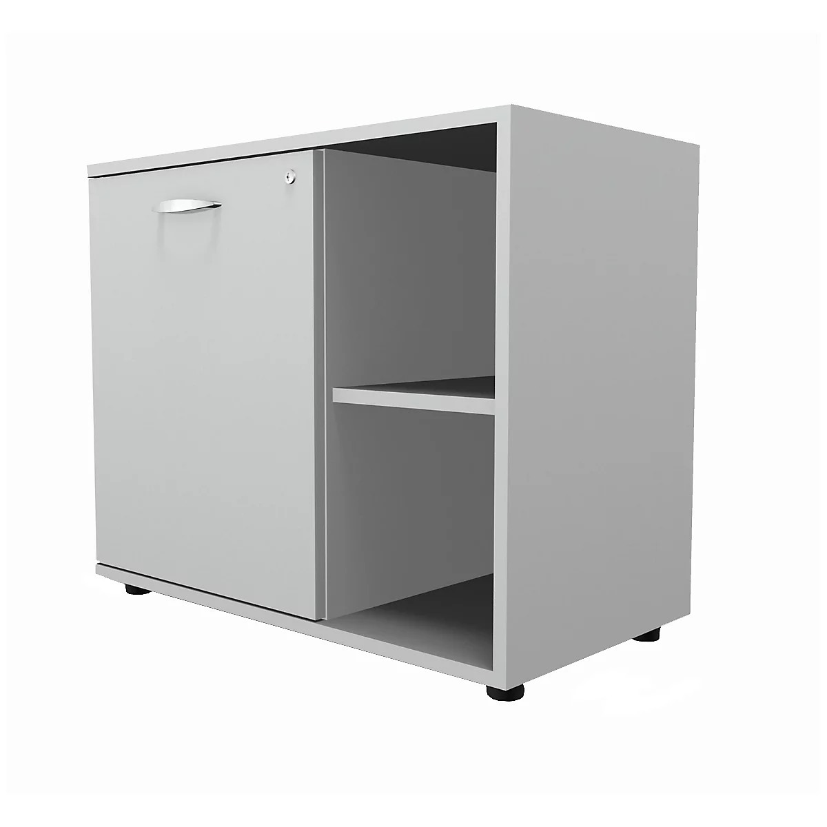 Grey cabinet with door, handle, compartment, and open area with shelf.