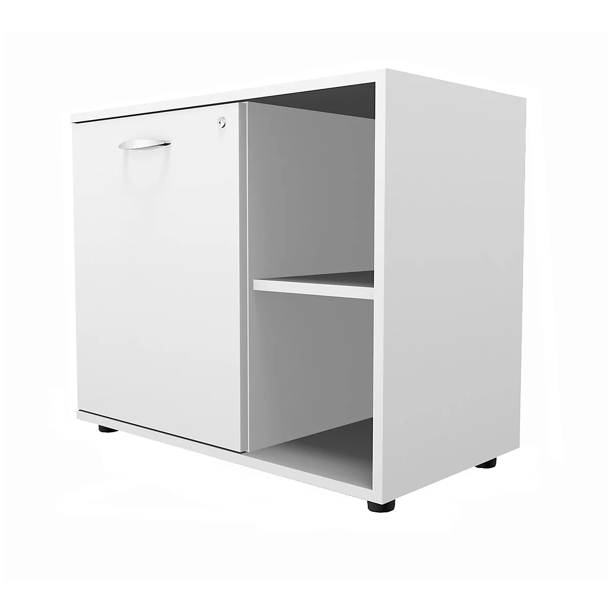 White filing cabinet with door and open compartment. Handle, lock and black feet.