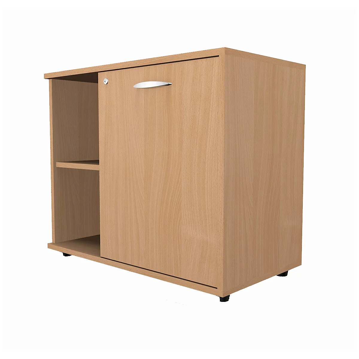 Light brown cabinet with open and closed side. A handle, a key and a shelf are visible.