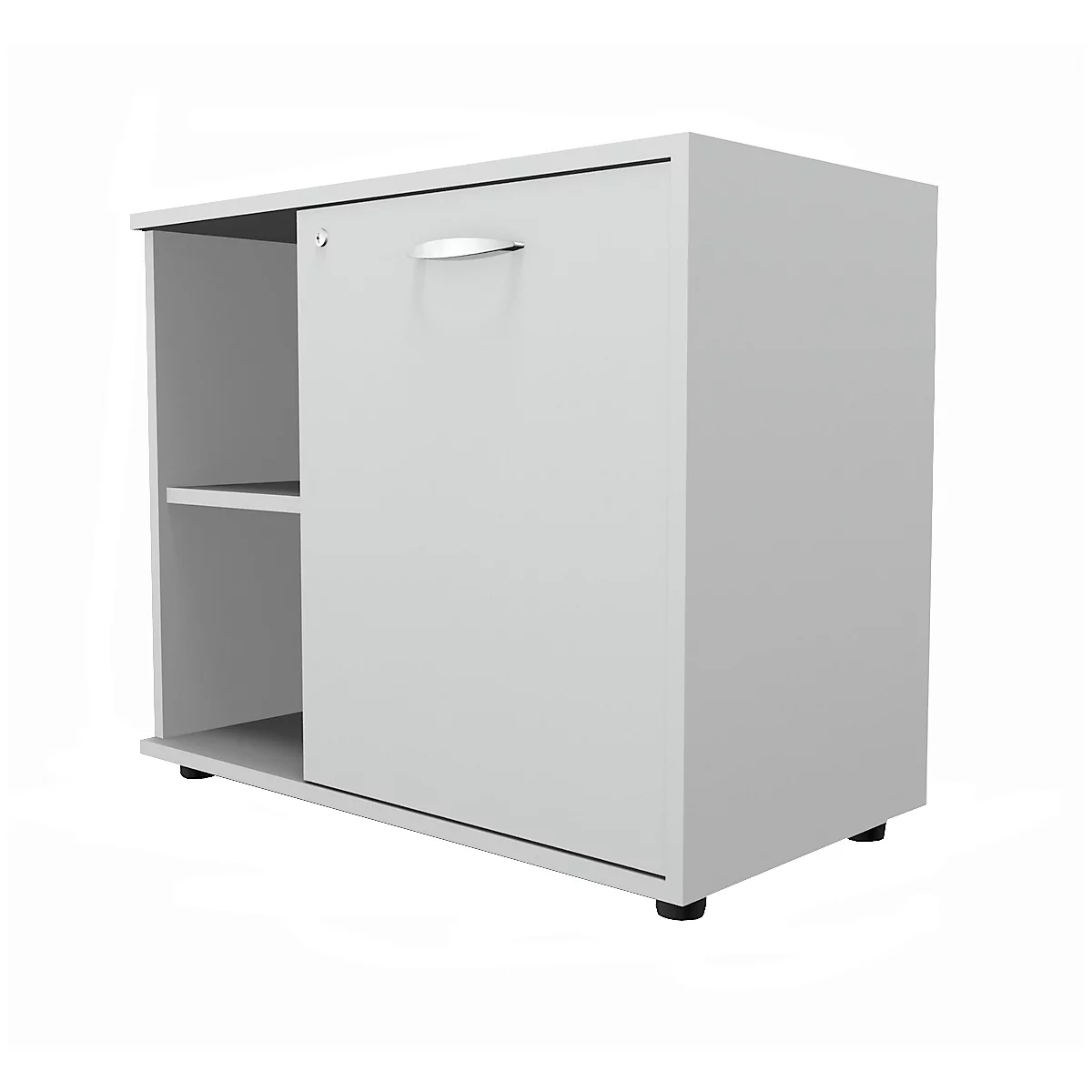 Grey cabinet with door and handle against white background. Open shelf on the left, door with lock on the right.