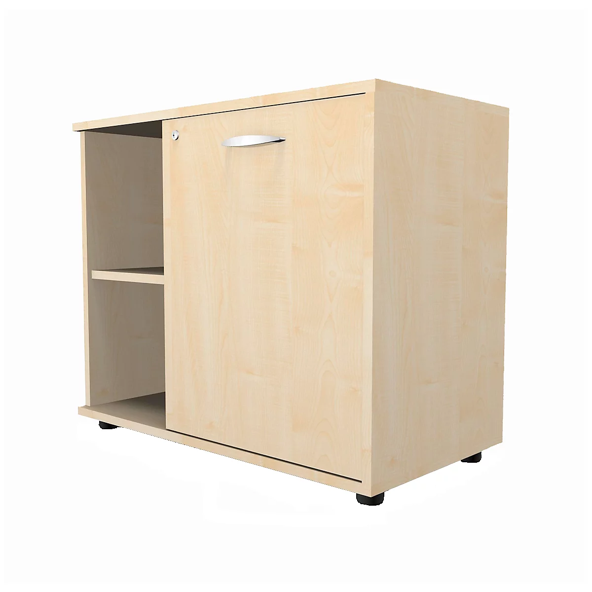 Beige cabinet with a handle and an open compartment with a shelf.