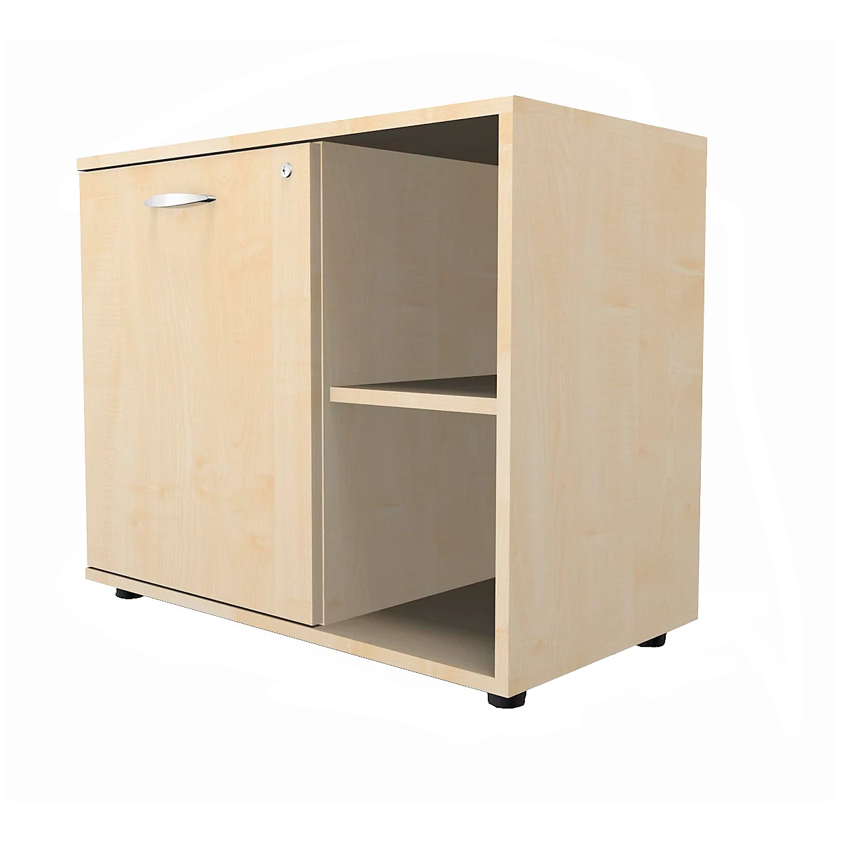 Light brown cabinet with door, handle, and open compartment. Standing on black feet.