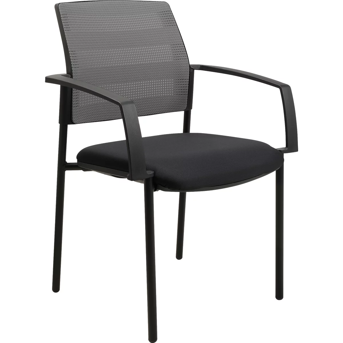 Chaise de bureau noire avec accoudoirs, dossier en maille grise et assise noire sur fond blanc.