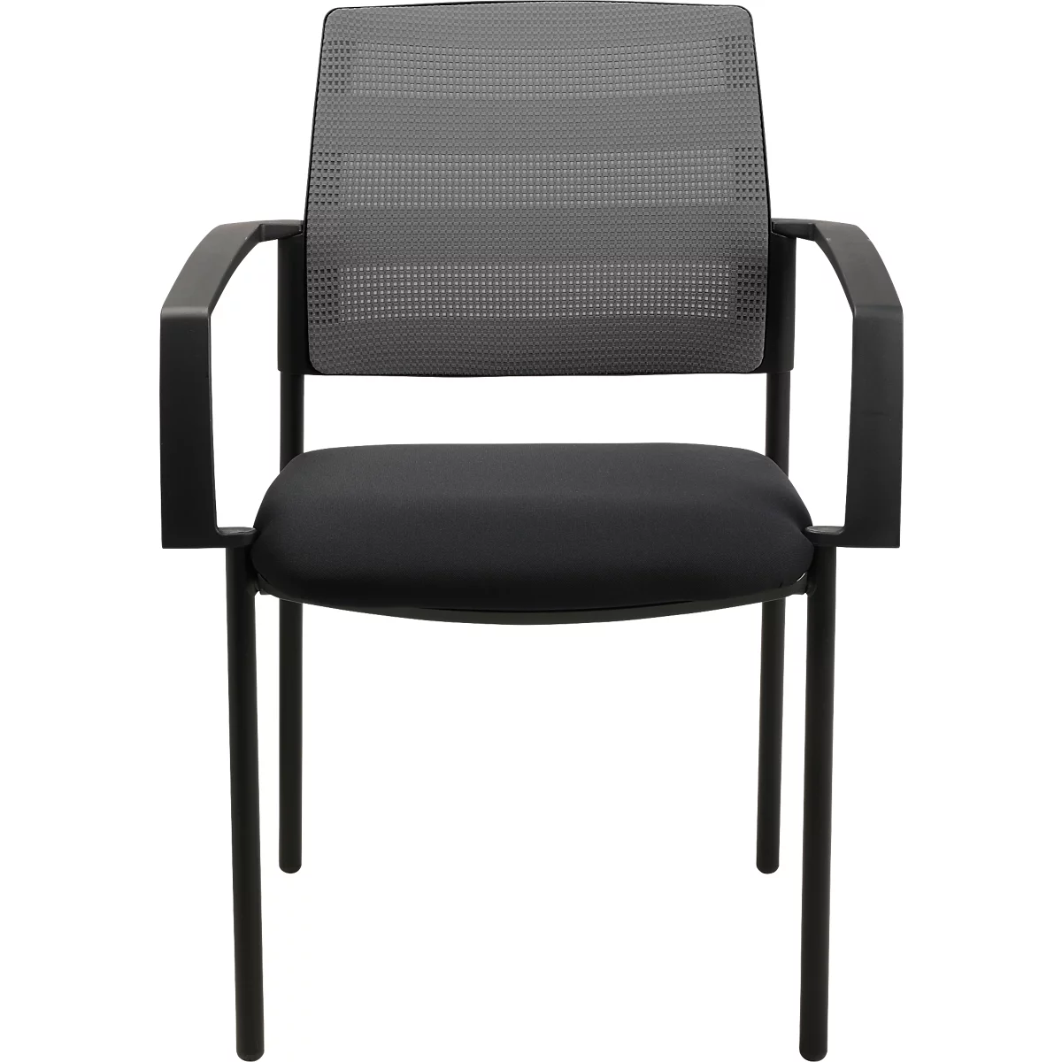 Chaise de bureau noire avec accoudoirs, dossier en maille et assise noire.