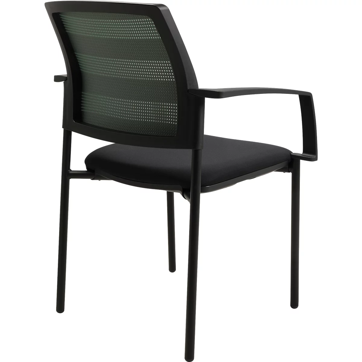 Chaise de bureau noire avec dossier en maille et accoudoirs. Quatre pieds fins.