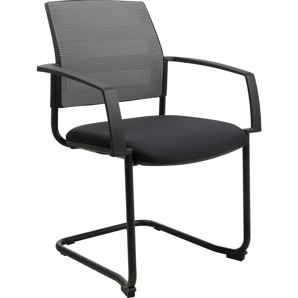 Chaise de bureau noire avec accoudoirs, dossier en maille grise et assise noire, posée sur un cadre en métal.