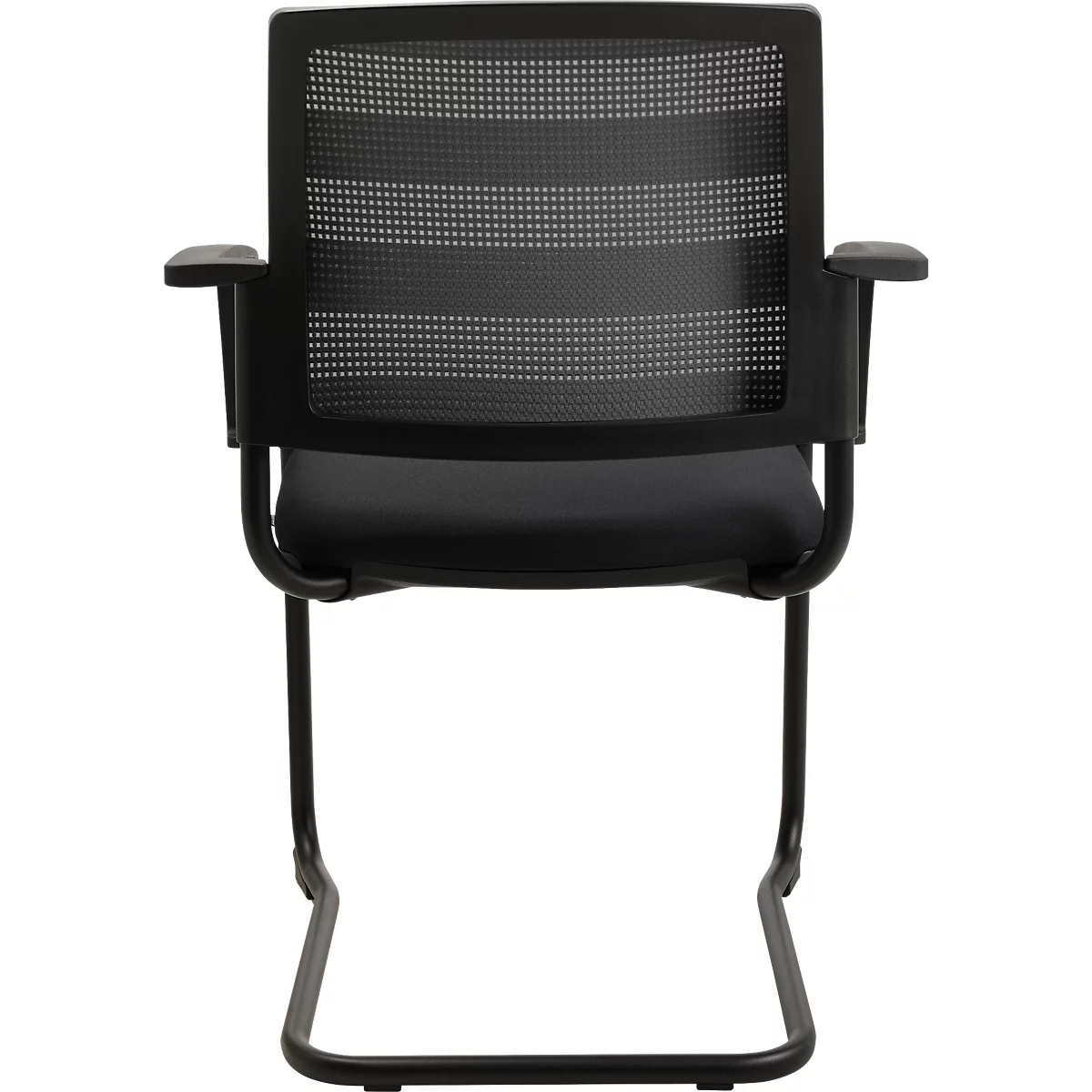 Chaise de visiteur noire, dossier en maille et accoudoirs, cadre en métal robuste.