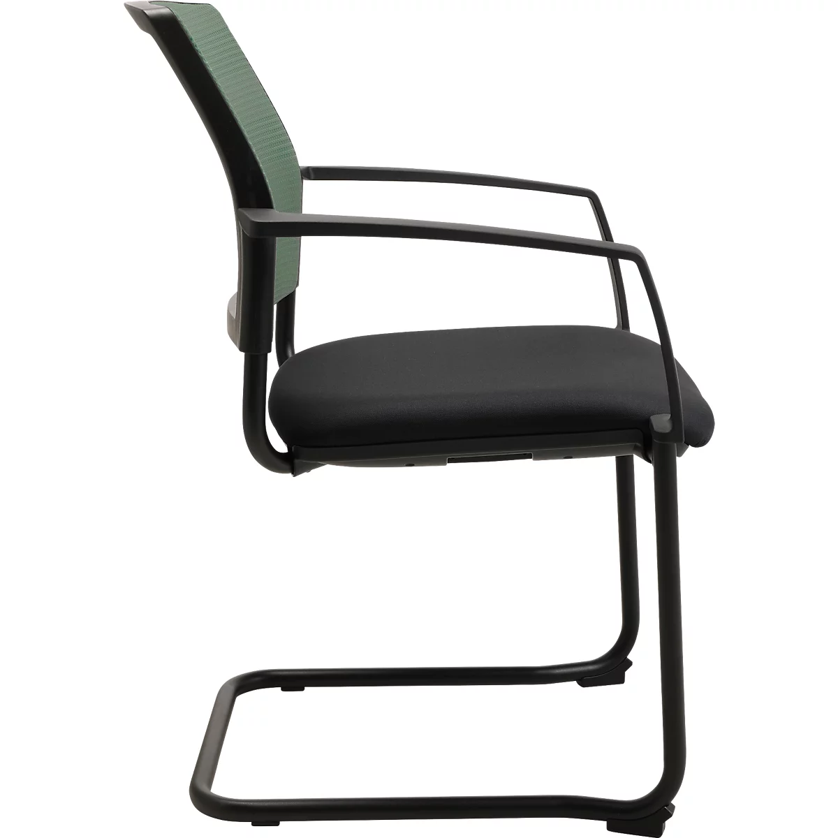 Chaise de bureau noire cantilever avec dossier vert clair. Vue latérale avec accoudoirs.