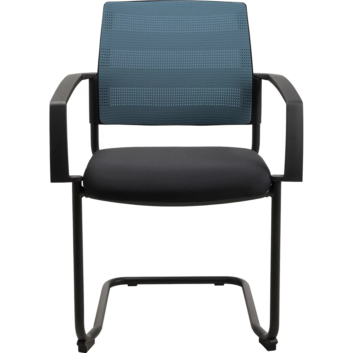 Chaise de bureau avec assise et accoudoirs noirs, dossier en maille bleue et cadre en métal.