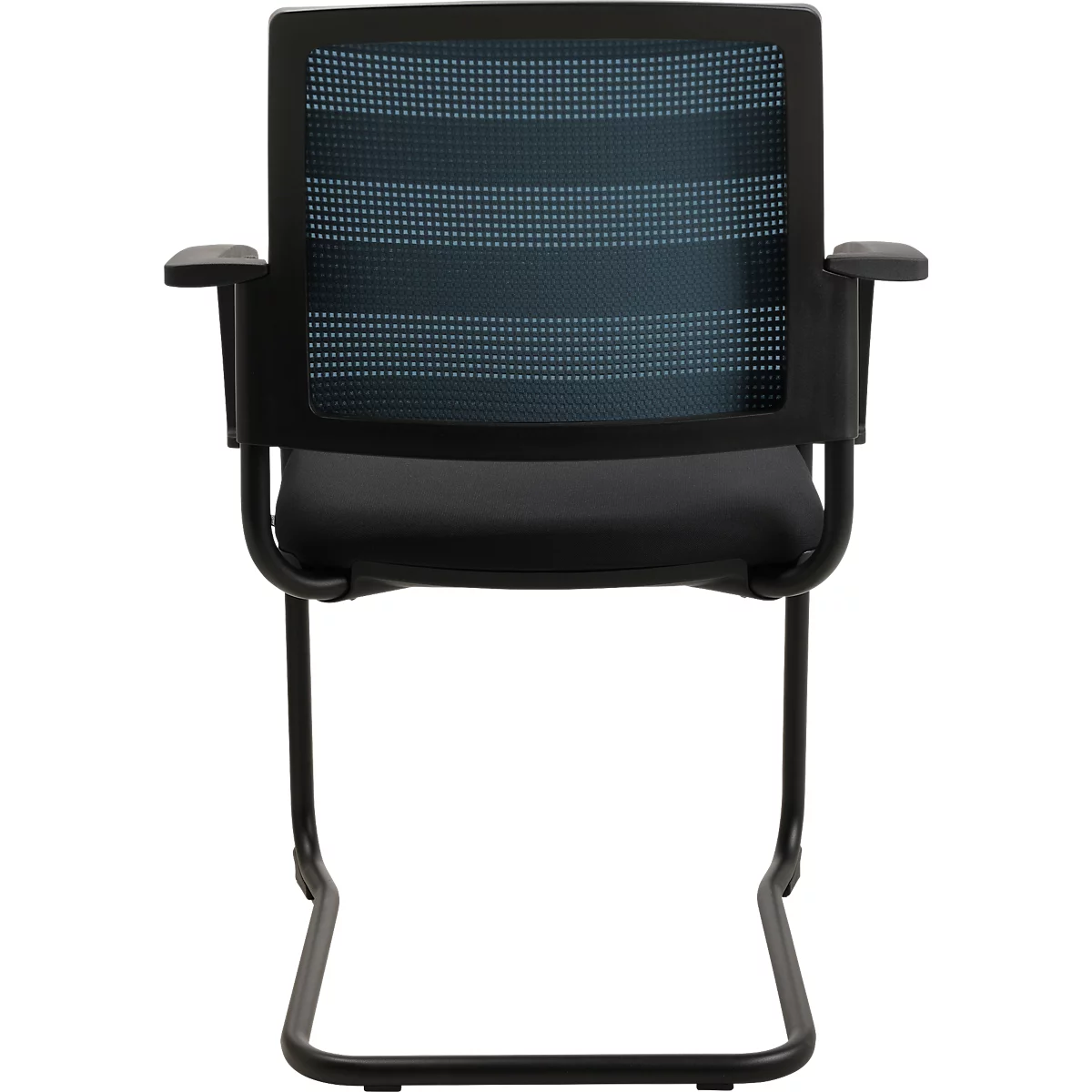 Chaise de bureau noire avec dossier en mesh. Accoudoirs et piètement luge. L'assise et le dossier sont rembourrés.