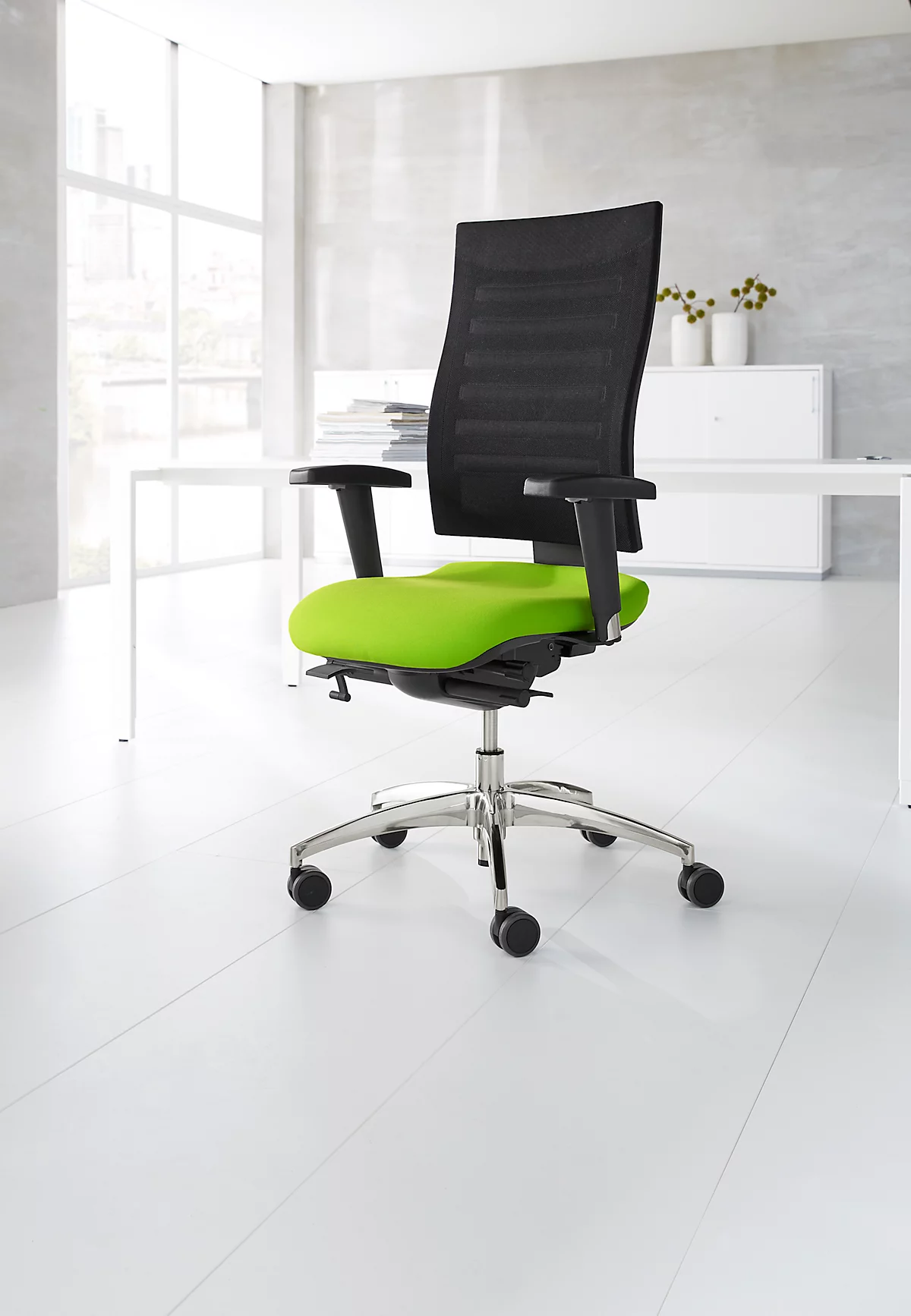 Schäfer Shop Select Silla de oficina SSI PROLINE S3, mecanismo sincronizado, con reposabrazos, respaldo de malla 3D, asiento ergonómico, amarillo verde/negro