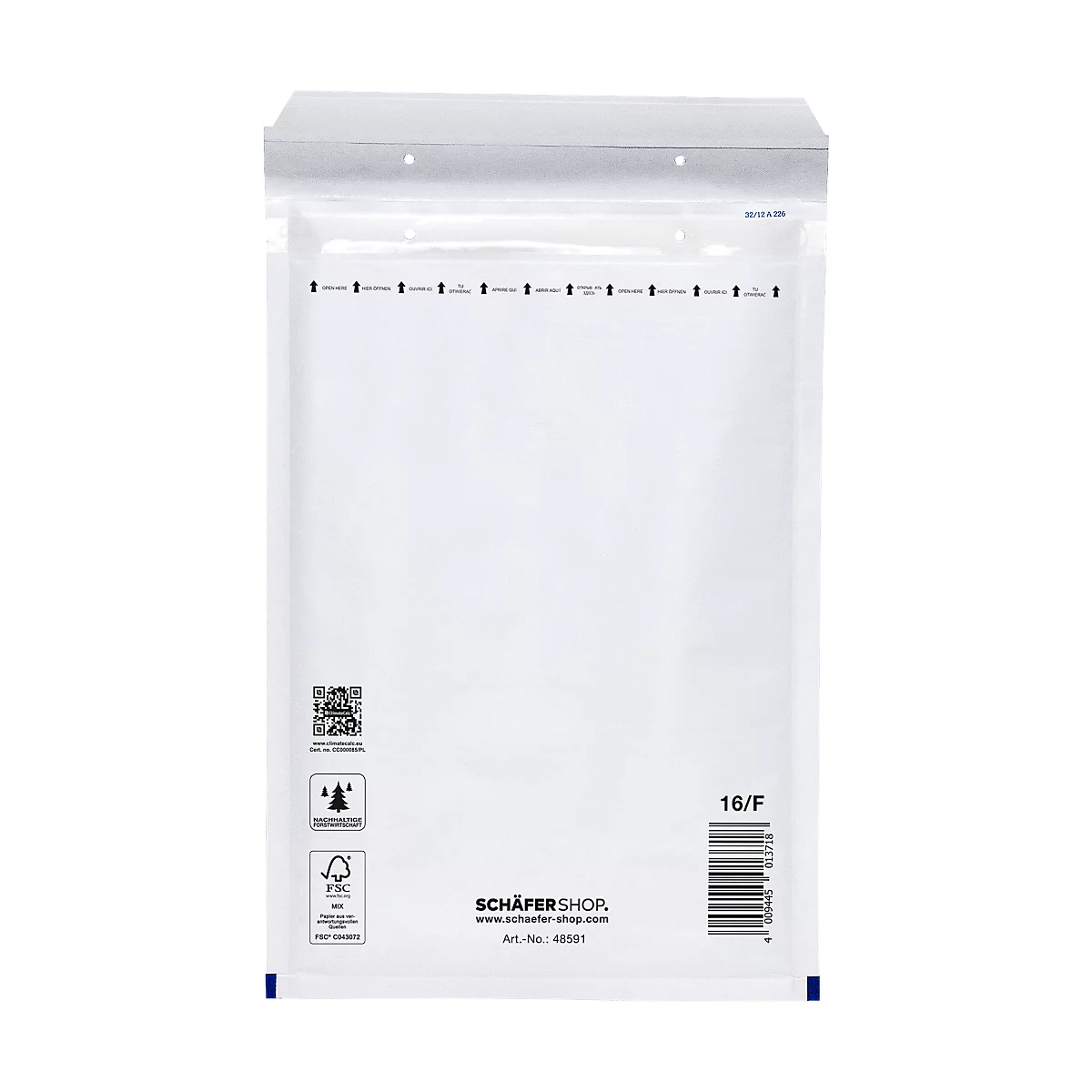 Bolsa de correo de burbujas blanca, impresa con código QR, logotipos y código de barras. Parte superior con cierre.