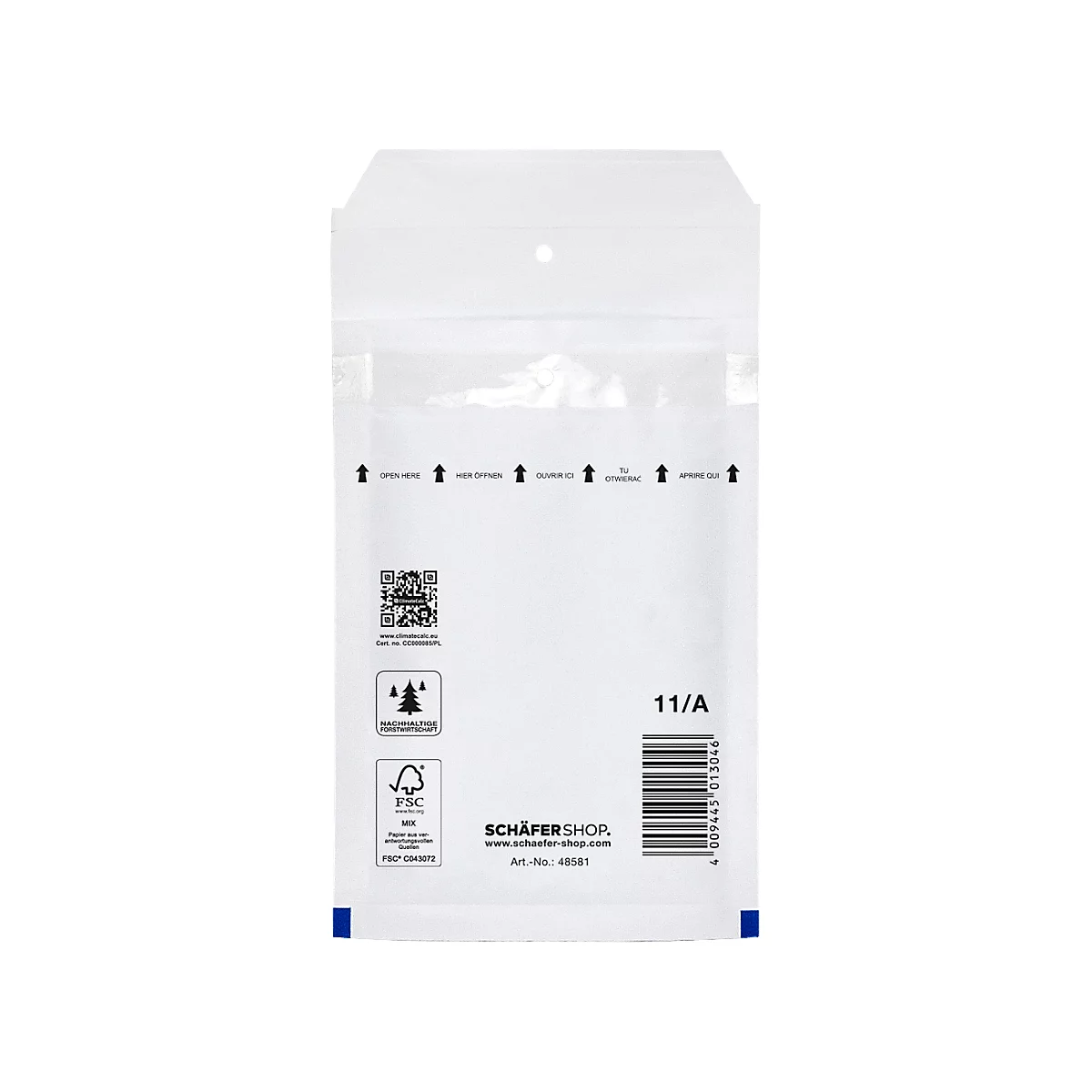 Sobre de burbujas blanco con impresiones. Las impresiones muestran la dirección de apertura, el código QR, el símbolo FSC y las letras de Schäfer Shop. Derecha: código de barras y la inscripción 11/A.