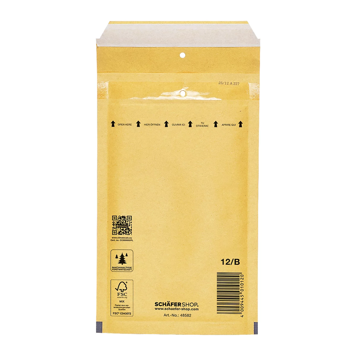 Embalaje de papel marrón con impresiones, como "ABRIR AQUÍ". Impreso con códigos QR y el logotipo de Schäfer Shop.