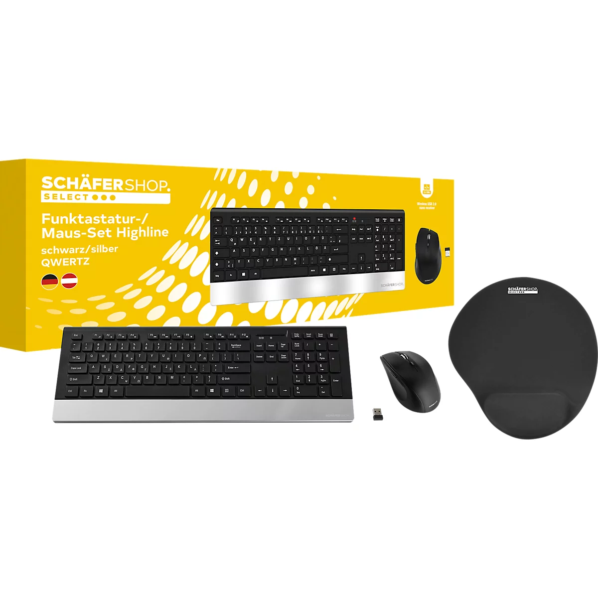 Schäfer Shop Select Sparset Funkastatur-/Maus HIGHLINE + ergonomisches Mauspad, QWERTZ, Handballenauflagen, 5 Tasten, bis 1600 dpi, bis 10 m